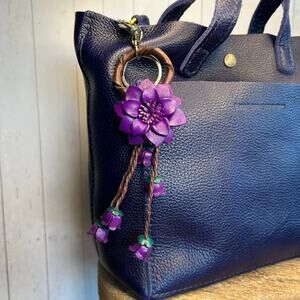 Purple Flower Purse Charm Genuine Leather Bag Charm Pansies Dahlia NEW FAST SHIP
